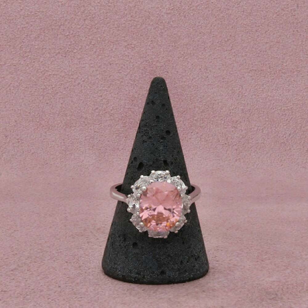 Sterling Silver Pink & Clear C Z Halo Oval-Cut Prong-Set Ring Size 10